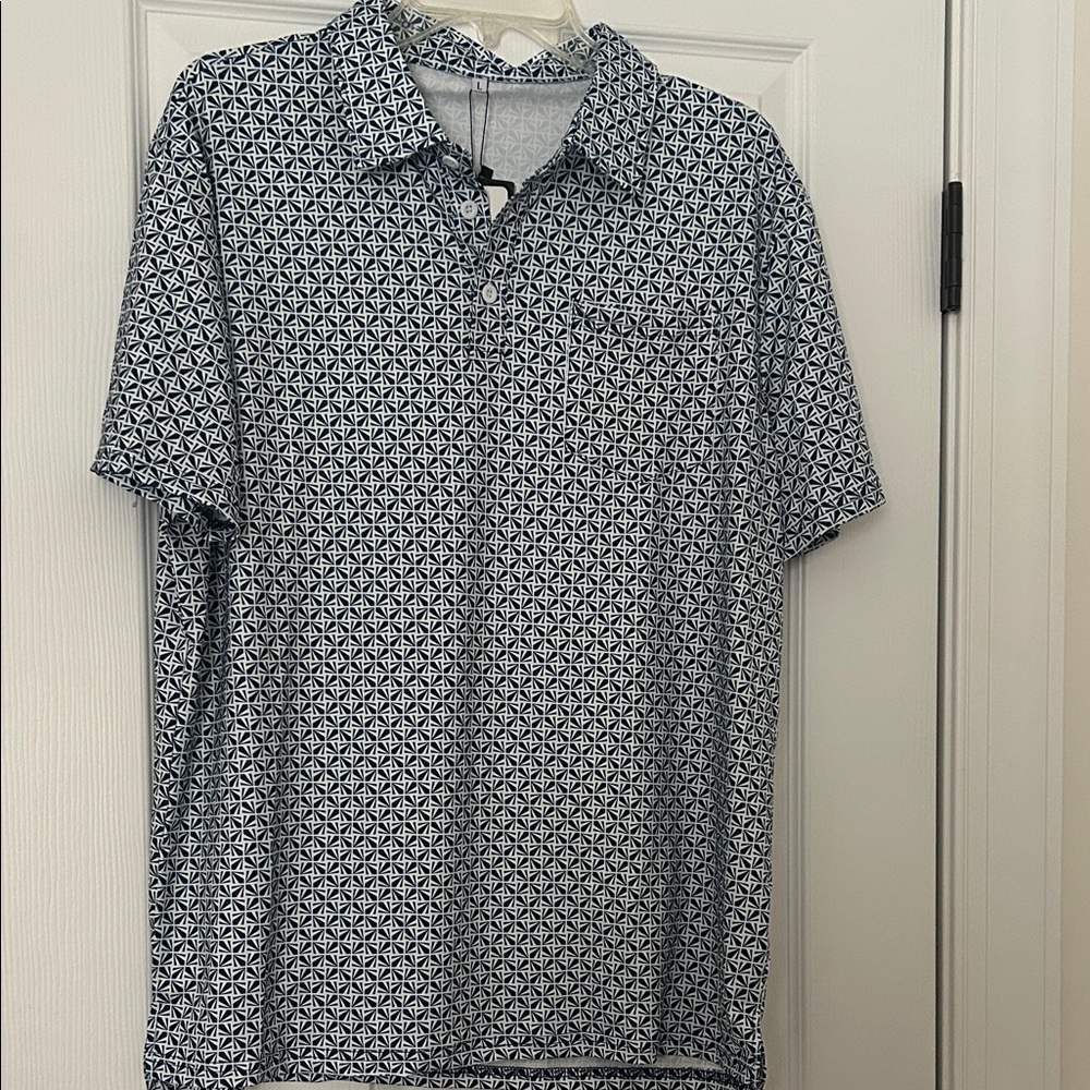 Men's Polo Shirt with Geometric Pattern - Navy and White